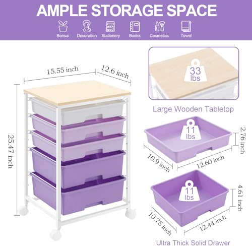SYKIARIOL Utility Cart with 5 Drawers,Storage Drawer Cart with Wooden Tabletop and Lockable Wheels,Craft Storage Trolley Cart,5-Tier Rolling Utility Cart on Wheels,Purple - color: Purple