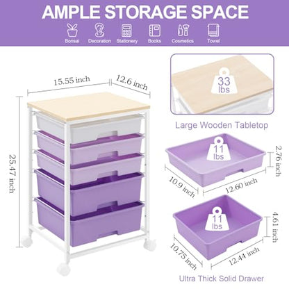 SYKIARIOL Utility Cart with 5 Drawers,Storage Drawer Cart with Wooden Tabletop and Lockable Wheels,Craft Storage Trolley Cart,5-Tier Rolling Utility Cart on Wheels,Purple - color: Purple