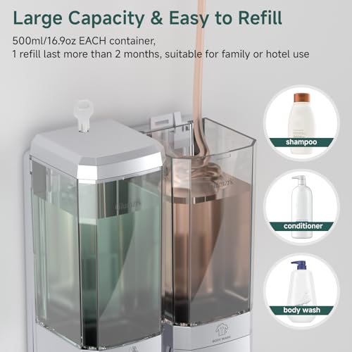 Shampoo and Conditioner Dispenser 2 Chamber No Drill Shower Soap Dispenser Wall Mounted Shampoo Conditioner Body Wash Dispenser 2 * 500ml Refillable Shower Dispenser for Bathroom Hotel, Silver - color: Silver 2 Chamber