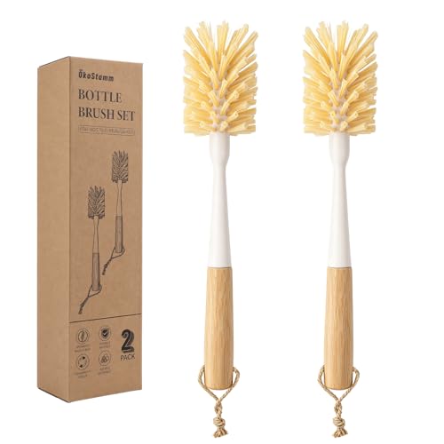 2 Pack Bamboo Bottle Brush - 11.4” Long Handle Water Bottle Cleaner Brush with Odorless Nylon Bristle, Bottle Scrubber Brush for Cleaning Mug, Glass, Sports Bottle