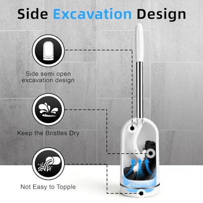 Toilet Brush and Holder Set, Curved Toilet Brush with Stainless Steel Handle, Under Rim Toilet Bowl Brush for Deep Cleaning, Drip-Proof, White
