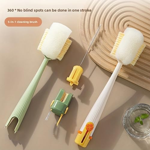 5-in-1 Long Handle Bottle Cleaning Brush Set – Multi-Surface Scrubbing Kit with Sponge & Bristle Heads, Detachable Deep Reach Cleaning Tools (Jasmine Green)