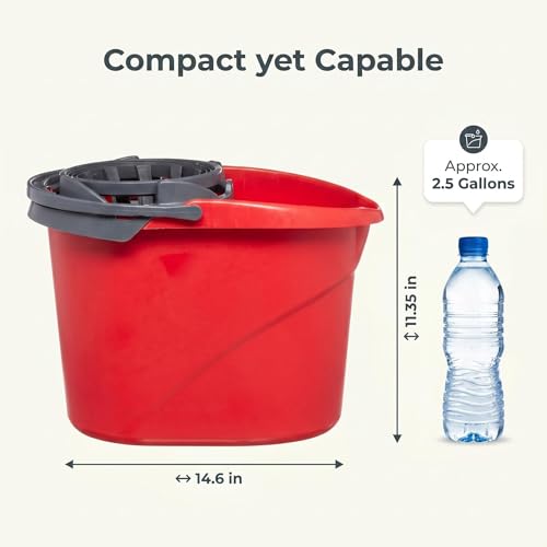 2.5 Gallon Mop Bucket with Wringer, Hands-Free Cleaning Bucket with Spout and Carry Handle, Bucket Floor Cleaning System for Home Kitchen, Bathroom and Household, Red