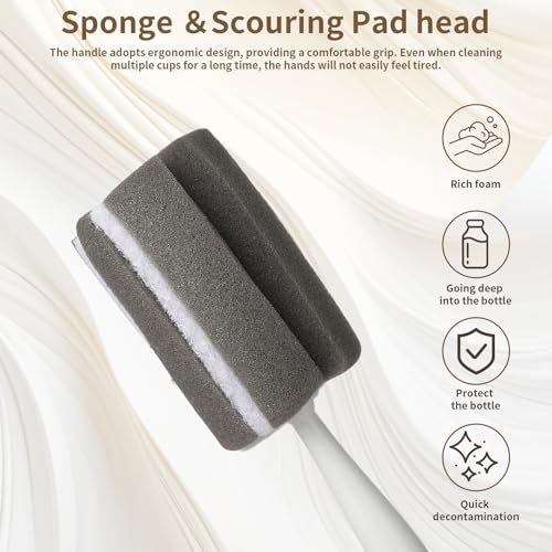 Sponge Bottle Brush Adjustable Long Handle Up to 14.5” 2-Pack | 14.5" Adjustable Long Handle; Dual-Action Scouring Pad & Sponge Head; Ultra-Powerful Cleaning; Wall Hanging with 4 Hooks
