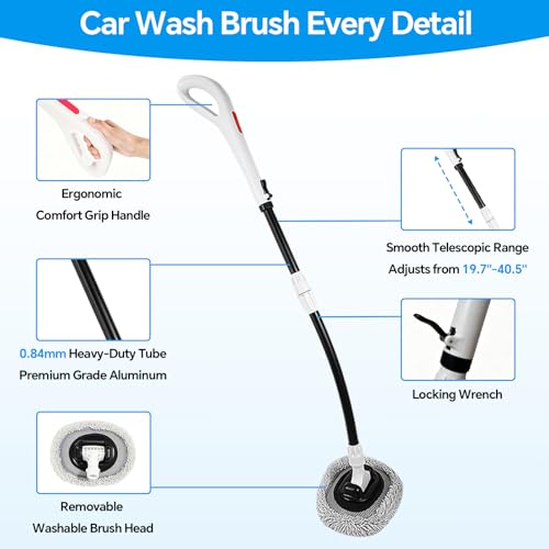 7-in-1, Car Wash Brush 15°Curved with 47" Long Handle and 90° Rotating Replaceable Brush Head, Car Wash Kit with Microfiber Towel and Tire Brush for Car, SUV, RV, Floor Cleaning-White. - color: White