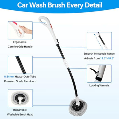 7-in-1, Car Wash Brush 15°Curved with 47" Long Handle and 90° Rotating Replaceable Brush Head, Car Wash Kit with Microfiber Towel and Tire Brush for Car, SUV, RV, Floor Cleaning-White. - color: White