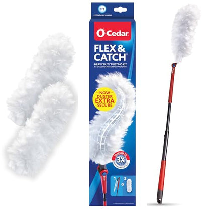 O-Cedar Flex & Catch Heavy Duty Dusting Kit with 3 Disposable Duster Refills | New & Improved Model | Extendable 3 Ft Handle with Stay-On Duster Hook | Traps 3X More Dust Than Feather Dusters - style: Dusting Kit + 3 Refills