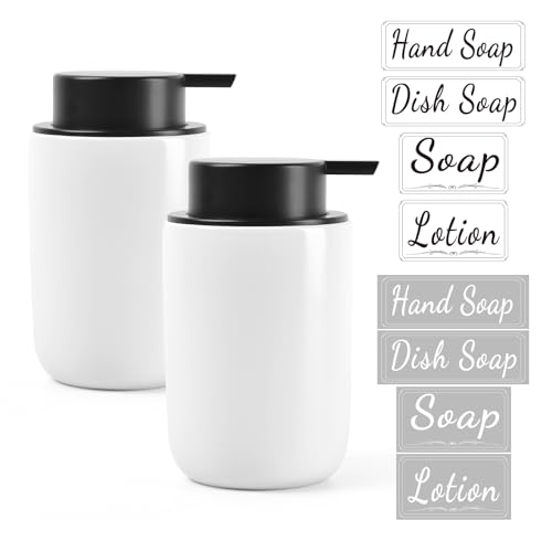 BosilunLife Foaming Soap Dispenser Set - White Ceramic Foam Hand Dispenser 12oz Soap Dispenser Set with Rust Proof Pump, 4Pcs Clear Stickers for Kitchen, Bathroom - 2 Pack - color: White-foam Pump