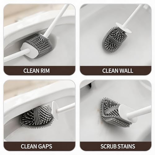 Wall-Mounted Toilet Brush Set with Crevice Tool - [TPR Flexible Head] for [Rim Jet & Crevice Cleaning] - [Draining Holder] for Bathroom, 0.55 lbs, 1.1 lbs Max Load
