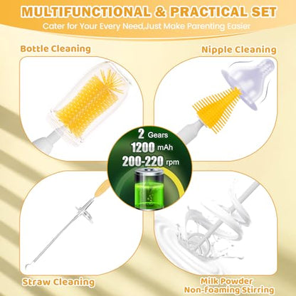 IvyWind Electric Travel Baby Bottle Brush Set with Storage Box, Automatic Bottle Cleaner Brush Kit with Silicone Bottle/Nipple/Straw Brush,Milk Frother Electric and Drainage Rack, Rechargeable, Yellow - color: Yellow