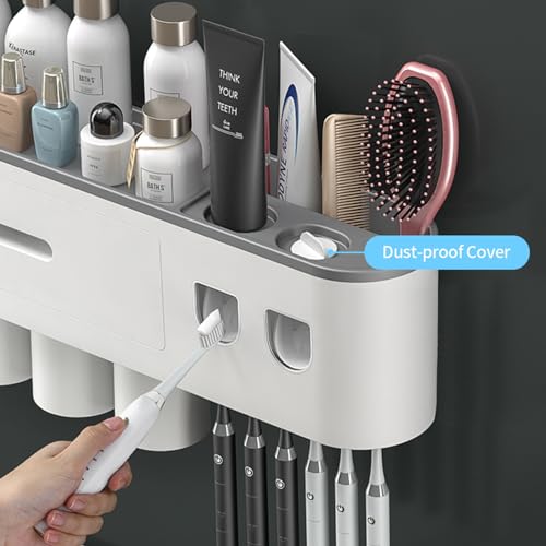 TuCao Toothbrush Holder Wall Mounted with Double Automatic Toothpaste Dispenser Squeezer Kit, 2/3/ Cups (Grey 2 Toothpaste Dispensers, 2 Cups)