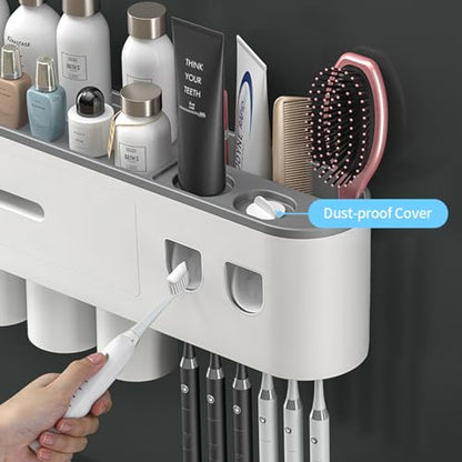 TuCao Toothbrush Holder Wall Mounted with Double Automatic Toothpaste Dispenser Squeezer Kit, 2/3/ Cups (Grey 2 Toothpaste Dispensers, 2 Cups)
