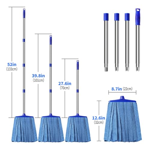 Microfiber Cloth Mop, Commercial Cloth Mops 52“ Stainless Steel Handle with 1 Mop Head for Floor，Indoor and Outdoor Use , Blue