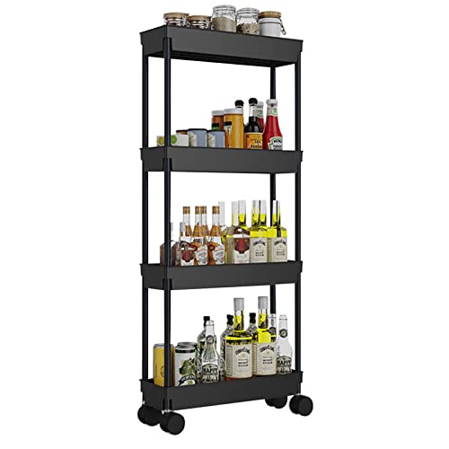 4 Tier Kitchen Bathroom Storage Rolling Cart 39 Inches Tall Slim Utility Rolling Shelf Cart with Wheels Coner Storage Shelves Cart, Black
