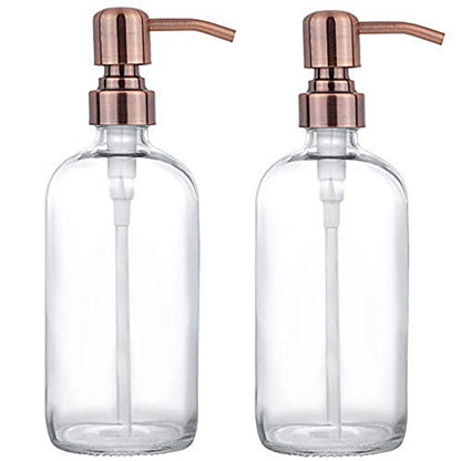 2 Pack Thick Clear Glass Pint Jar Soap Dispenser with Copper Stainless Steel Pump, 16ounce Clear Boston Round Bottles Dispenser with Rustproof Pump for Essential Oil, Lotions Soap - color: Copper