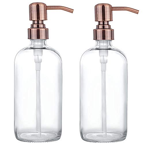2 Pack Thick Clear Glass Pint Jar Soap Dispenser with Copper Stainless Steel Pump, 16ounce Clear Boston Round Bottles Dispenser with Rustproof Pump for Essential Oil, Lotions Soap - color: Copper