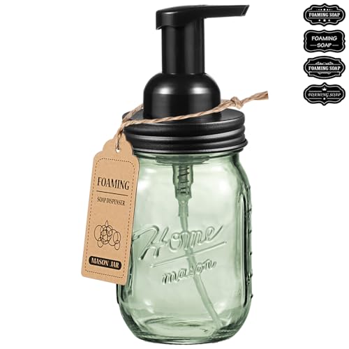 SheeChung 16Oz Mason Jar Foaming Soap Dispenser, Stainless Steel Lid, BPA Free Pump, Green Glass Foam Hand Soap Dispenser, Refillable Liquid Foam Dispenser Bottle for Bathroom Kitchen, Dish Soap-Black - color: Regular Mouth, Black-1 Pack