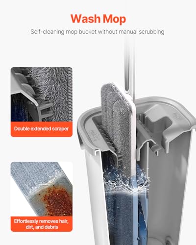 VEVOR Mop and Bucket with Wringer Set, Wet & Dry Use, Flat Mop and Bucket System with 3 Washable Microfiber Pads, Flat Mop with Stainless Steel Handle, Mop Bucket Set for Hardwood Tile Vinyl - style: Flat Mop and Bucket with 3 Pads