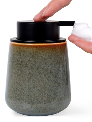 INGOFIN Ceramic Foaming Soap Dispenser -12oz Foam Hand Soap Dispenser Bathroom, Modern Refillable Dish Wash Soap Bottle for Kitchen with Large Pump -Kiln-Glazed Green - color: Kiln-glazed Blue Green-foam