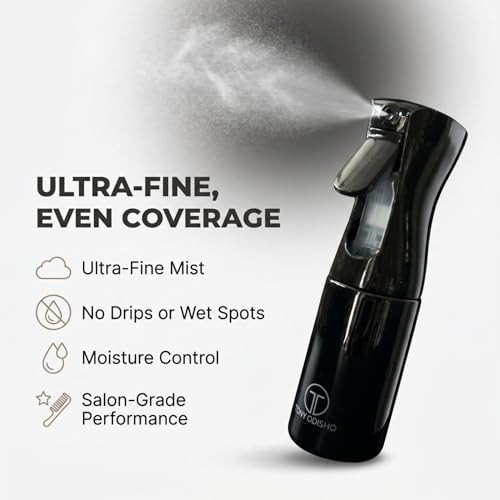 Professional Continuous Fine Mist Spray Bottle – Refillable Ultra-Fine Mister w/ 360° Spray for Hair Styling, Curls, Plants & Household Cleaning – Sleek Black Design for Salon or Home Use