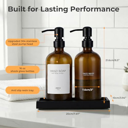 2 Packs Glass Dish Soap Dispenser Set for Kitchen, Hand and Dish Soap Dispenser with Stainless Steel Pump & Resin Tray, Rental-Modern Refillable Countertop Soap Dispenser for Bathroom,Amber - color: Amber