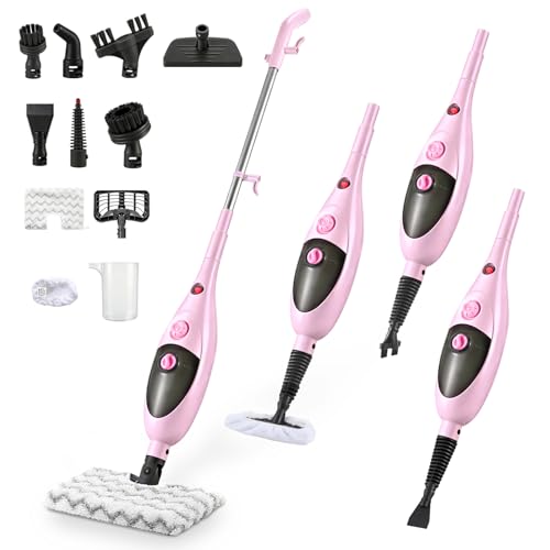 12-in-1 Steam Mop Cleaner, 15-Sec Fast Heat-Up, 1200W Floor Steamer with Double-Sided Pads, Removes 99.99% Stubborn Stains for Hardwood Floors, Marble, Clothes, Windows, Tiles, White - color: Pink