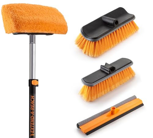 Exterior House Cleaning Brush Set with 5-8 ft Extension Pole // Vinyl Siding Brushes with Telescopic Extendable Pole & Window Cleaning Squeegee Tool // The Ultimate Extension Scrub Brush Set - size: 8 feet