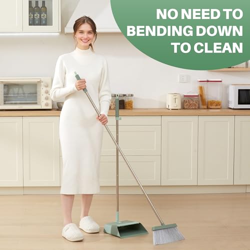 JOYMOOP Dark Teal Green Broom and Dustpan Set, Upright Angle with Built-in Comb Teeth, Ideal for Home, Office, Hardwood, Pet Hair - color: Dark Teal Green