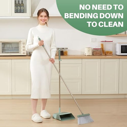 JOYMOOP Dark Teal Green Broom and Dustpan Set, Upright Angle with Built-in Comb Teeth, Ideal for Home, Office, Hardwood, Pet Hair - color: Dark Teal Green