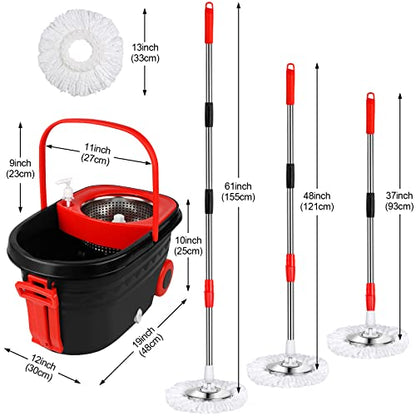 Mop and Bucket Set, 360° Spin Mop and Bucket with Wringer Set and 3 Microfiber Mop Refills, Stainless Steel 61'' Extended Handle Spinning Mop Bucket System for Floor Cleaning - color: Black-2