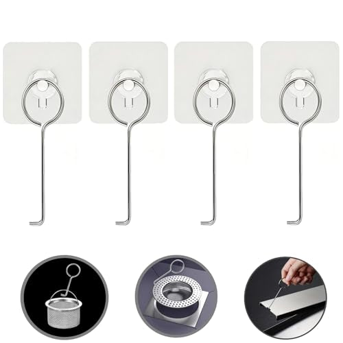 Bathtub Drain & Shower Drain, Tub Drain Wrench Extractor, Drain Plug Removal Tool with Lifting Hooks for Linear Shower Drain Pan, Drain Cleaner, Adhesive Hook 4Pcs