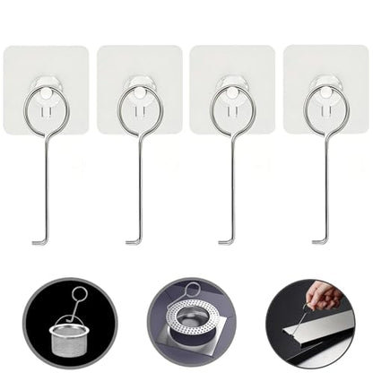 Bathtub Drain & Shower Drain, Tub Drain Wrench Extractor, Drain Plug Removal Tool with Lifting Hooks for Linear Shower Drain Pan, Drain Cleaner, Adhesive Hook 4Pcs