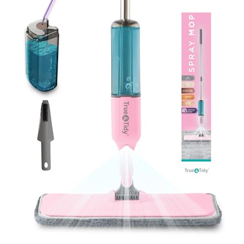 True & Tidy® SPRAY-250 Multi-Surface Spray Mop with 490ml Refillable Water Bottle for Floor Cleaning, Works on Wood, Tile, Marble etc, Use Any Cleaning Solution, Machine Washable Microfiber Mop Pads - color: Pink, size: Spray Mop
