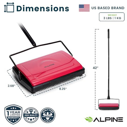 Alpine Manual Carpet Sweeper - Non Electric Triple Brush Push Floor Sweeper for Carpets, Rugs and Vinyl Floors - Red (Improved) - color: Improved Red