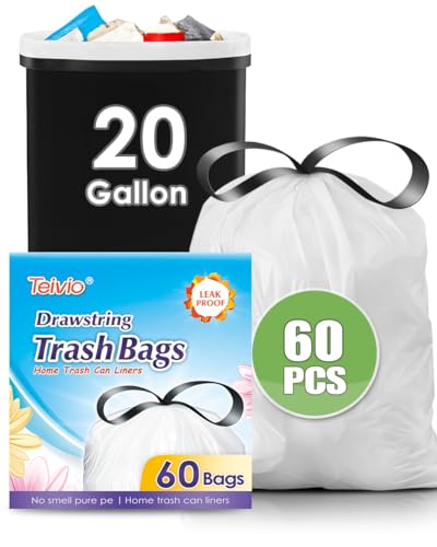 Teivio 20 Gallon 60 Counts (fit 18-20 Gal) Large Drawstring Trash Bags Strong Tall Kitchen Compactor Bags Garbage Bags for Home/Office/Light Residential Waste/Outdoor Trash Can, Lawn，Trash Bags White - style: 60-20Gallon-White