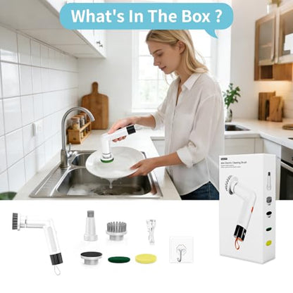 Electric Dish Scrubber, Mini Cordless Kitchen Cleaning Brush with 4 Replaceable Heads, 20W High-Torque Dual Speed, IPX7 Waterproof LED Display 90-120 Mins Runtime (ECB-S3) - size: S3 Mini