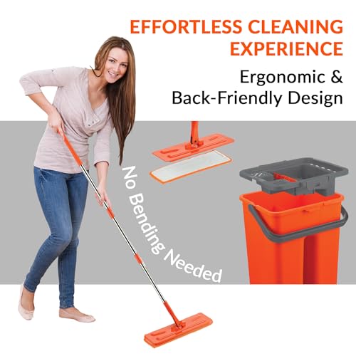Macromax Flat Mop and Bucket Set with 9 Refills – 100% Microfiber Mop with Dual Wet & Dry Use – Slim Design for Corners & Under Furniture – Easy-Squeeze Bucket for Hardwood, Tile & Laminate Floors - style: Flat Mop set + 9 Refill