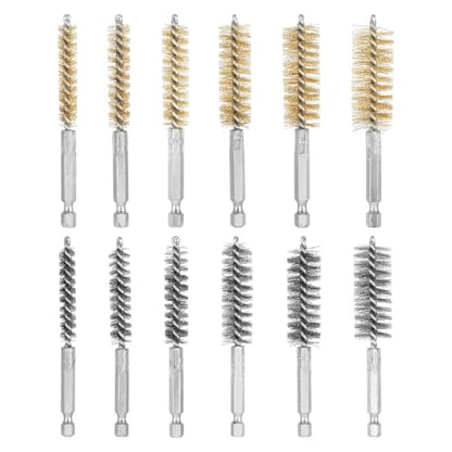 12 Pcs Bore Brush for Drill Wire Bore Brush Set Wire Cleaning Set for 1/4 Inch Hex Shank Power Drill Impact Driver (Stainless Steel, Brass, 8/10/12/15/17/19 mm)