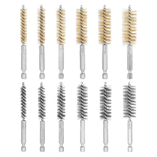 12 Pcs Bore Brush for Drill Wire Bore Brush Set Wire Cleaning Set for 1/4 Inch Hex Shank Power Drill Impact Driver (Stainless Steel, Brass, 8/10/12/15/17/19 mm)