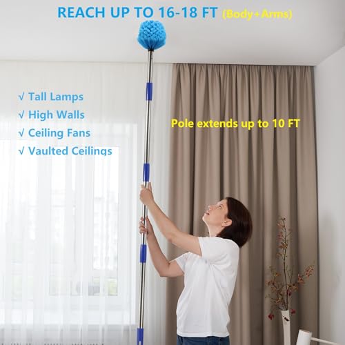 Cobweb Duster with Extension Pole, 10 FT Stainless Steel Pole with Spider Web Brush Head Ceiling Fan Duster for Outdoor Indoor Cleaning, Reach UP to 16-18 FT - size: 10 FT(REACH UP TO 16-18 FT)