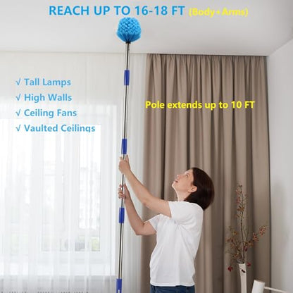 Cobweb Duster with Extension Pole, 10 FT Stainless Steel Pole with Spider Web Brush Head Ceiling Fan Duster for Outdoor Indoor Cleaning, Reach UP to 16-18 FT - size: 10 FT(REACH UP TO 16-18 FT)
