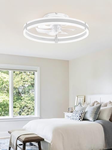 ZMISHIBO Ceiling Fans with Lights and Remote, 19.7'' Low Profile Ceiling Fan, 3000-6000K Dimmable Modern Flush Mount LED Fan Light, 6 Wind Speeds, White Fandelier Ceiling Fans for Bedroom - color: White, size: 19.7 INCH
