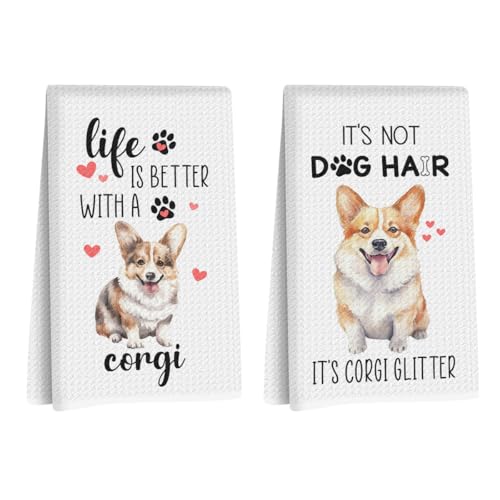 2 Pcs Corgi Kitchen Towels 24x14 Inch, Corgi Gifts Reusable Dish Towels for Kitchen Bathroom Decor, Waffle Weave Absorbent Hand Cloth Tea Towel, Cute Dog Gifts for Women Mom Friend, Dog Mom Tea Towel - color: Corgi Quote