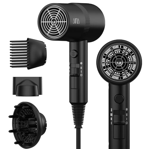 AINA Hair Dryer with Diffuser, Comb | Blow Dryer for Women Compact Travel Professional Ionic Blow Dry | Cold Shot Button 110V/ALCI (Vader Black) - color: Vader Black, size: 4 Piece