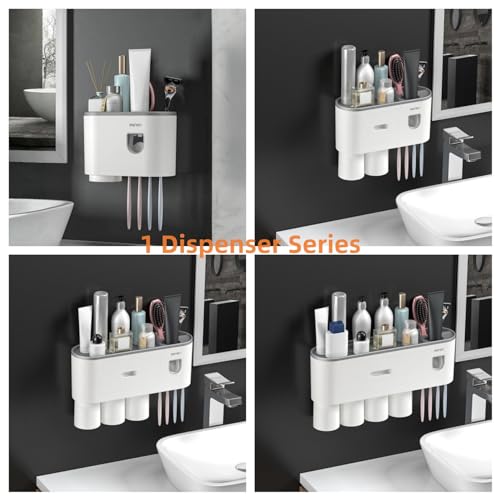 No-Drill Wall Mounted Toothbrush Holder, Bathroom Shelf, with Automatic Toothpaste Dispensers 4 Brush Hooks 2 Magnetic Cups 1 Cosmetic Drawer Organizer and Large Storage (1 Dispenser 2 Cups)