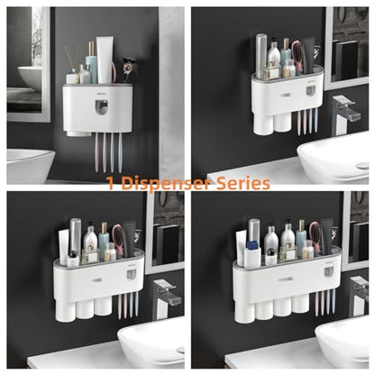 No-Drill Wall Mounted Toothbrush Holder, Bathroom Shelf, with Automatic Toothpaste Dispensers 4 Brush Hooks 2 Magnetic Cups 1 Cosmetic Drawer Organizer and Large Storage (1 Dispenser 2 Cups)