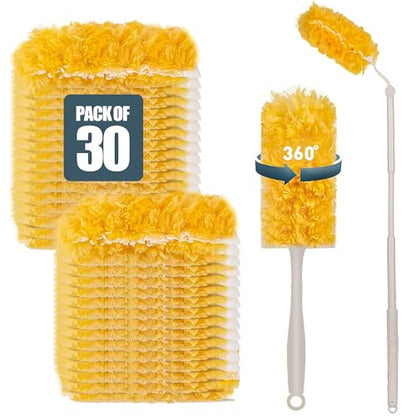 Heavy Duty Duster Refills 30 Pack, 360° Multi Surface Feather Dusters Kit with Extendable 3FT Handle, Disposable Microfiber Dusters for Cleaning Furniture, Blinds, Ceiling Fan & Car