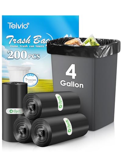 Teivio 4 Gallon 200 Counts Strong Trash Bags Garbage Bags, Bathroom Trash Can Bin Liners, Small Plastic Bags for Home Office Kitchen Kitchen (Black) - size: 1 Count (Pack of 200), style: 200pcs-4 Gallon-Black