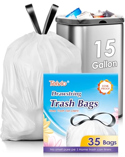 Teivio 15 Gallon 35 Counts Strong Tall Kitchen Drawstring Trash Bags, Medium Plastic Garbage Bags for Home Office Kitchen Garden Outdoor Tall Trash Can, Waste Bin Liners White - style: 35-15Gallon-White