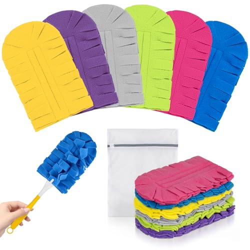 6 PCS Fleece Reusable Duster Refills for Swiffer, Washable 360 Dusters for Cleaning, Fans, Floors, Blinds, Windows (Include 1 Handle & Laundry Bag) - color: Purple,fuchsia,yellow,blue,green,gray